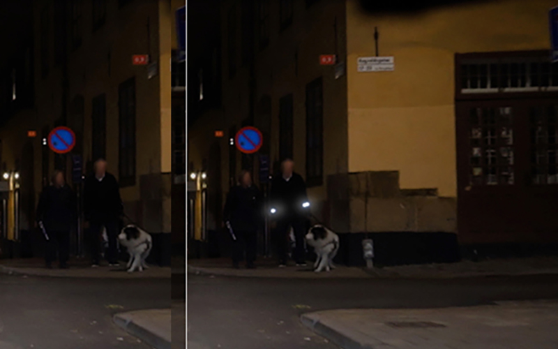 Två likadana bilder jämte varandra där den till vänster visar ett par som går i mörker utan reflex och där den till höger visar samma par som går i mörker med reflex.